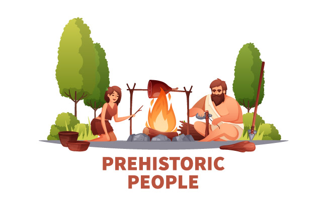 史前穴居人石器时代的夫妇生火户外矢量图烤肉图片