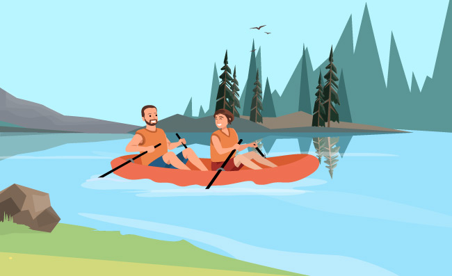 矢量图的夫妇在独木舟划桨沿河平面艺术免费矢量