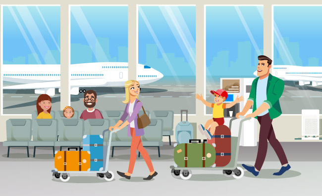 机场卡通矢量运输大量行李快乐的父亲和母亲带着孩子在机场休息室散步插图