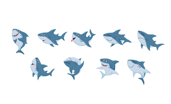 卡通鲨鱼可笑的鲨鱼动物可怕的下巴和愤怒的鲨鱼在海洋里游泳海洋捕食者鱼类吉祥物或大海鲨生物的性格矢量图孤立的图标集
