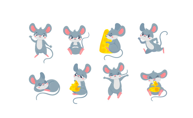 卡通鼠标小小的可爱的老鼠有趣的小啮齿动物的宠物和老鼠与奶酪矢量集可爱的友好老鼠跑吃睡觉的集合捆绑的快乐家畜或害虫矢量图