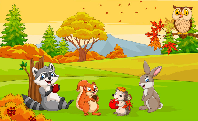 卡通野生动物在秋天的树林图片
