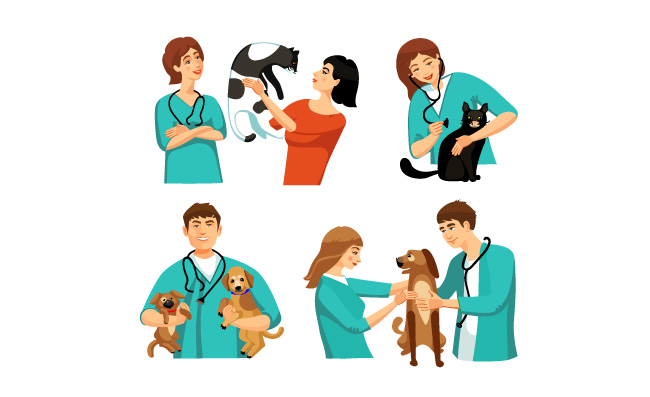 兽医动物医生护士狗和猫矢量图