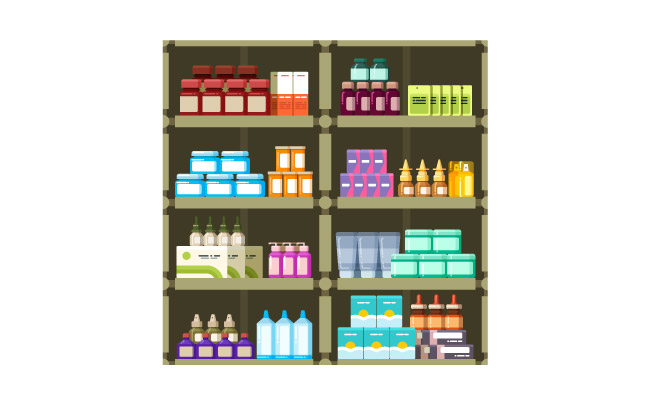 药房货架上的药物药剂矢量素材货架上摆满不同药物胶囊滴剂喷雾等药品