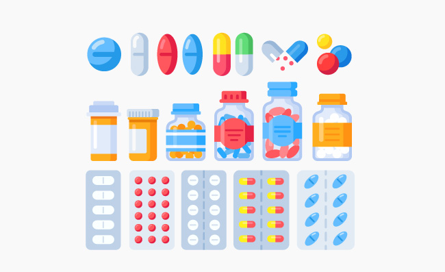 药丸药瓶药学治疗保健丸药物维生素和片剂矢量素材