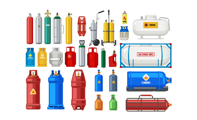 液体气体储存罐气瓶丙烷氧气金属容器圆柱形氦罐燃料储存气体瓶矢量图标集
