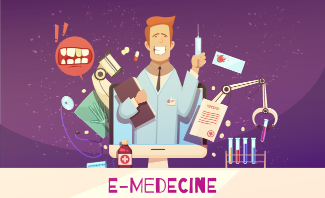 网上医生医疗设备数字健康卡通插图