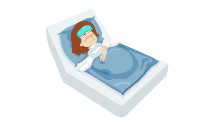 卧床生病测量体温不健康的女孩图标发烧在床素描卡通人物