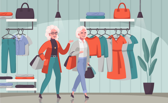 享受购物的老年妇女老年人百货商场服装店插图