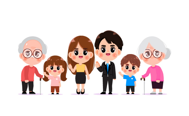 幸福的家庭合照母父亲祖母祖父儿童角色手绘卡通插图人物矢量