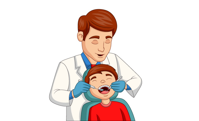 牙医检查小男孩的牙齿卡通插图