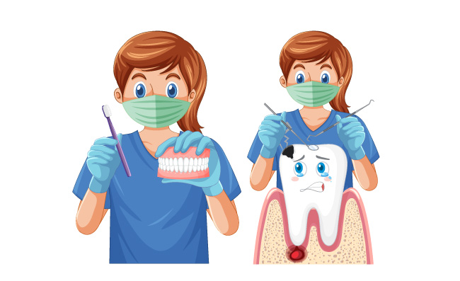 牙医拿着仪器检查蛀牙损坏的牙齿矢量