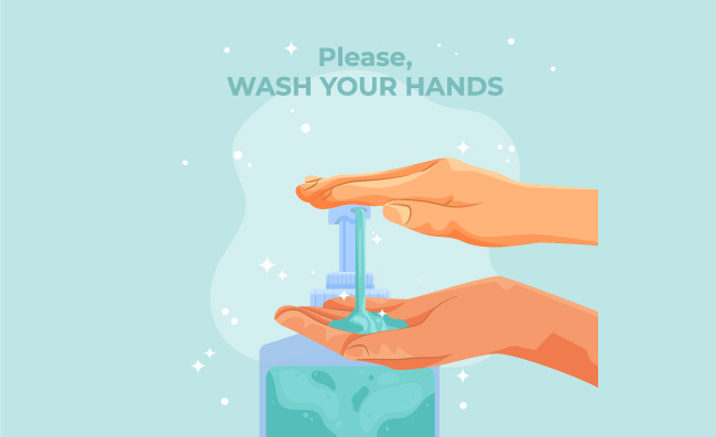 用洗手液肥皂洗的手卡通插图