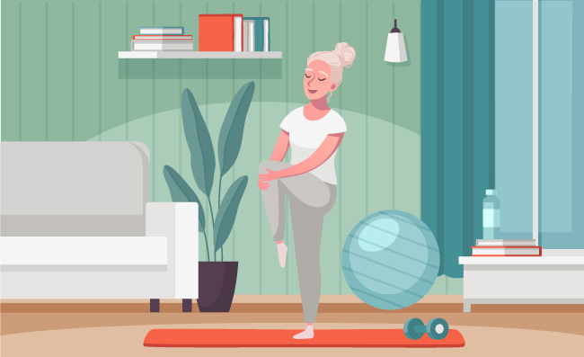 老年人家庭活动中心卡通做瑜伽的老妇人健身伸展双腿插图