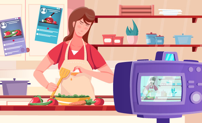 美食博主博客视频厨房背景女性在厨房内部拍摄烹饪节目插图
