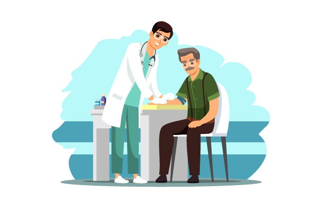 医生在医院为老人就诊坐在椅子上的老人做体检检查老年病人血样检查看病医生素材