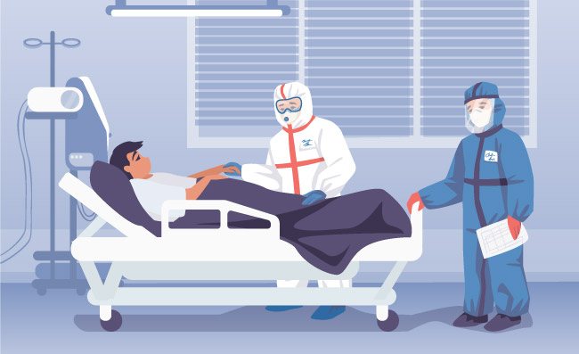 医院里的医生防护服卡通医务工作者病人躺在医院病房床上传染性和病毒性疾病员工工作服图片