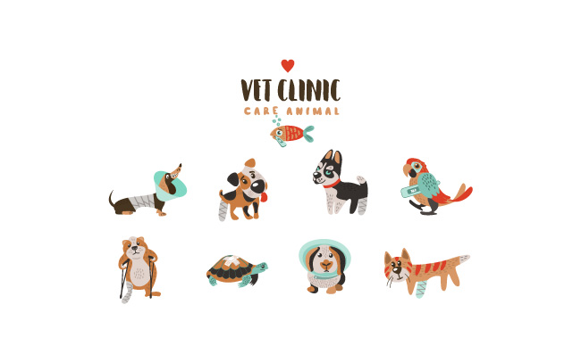 可爱的卡通动物可怜的病宠物的集合不同品种的狗猫断腿的仓鼠鹦鹉鱼和乌龟在白色背景上用于动物收容所的兽医诊所兽医护理矢量模板