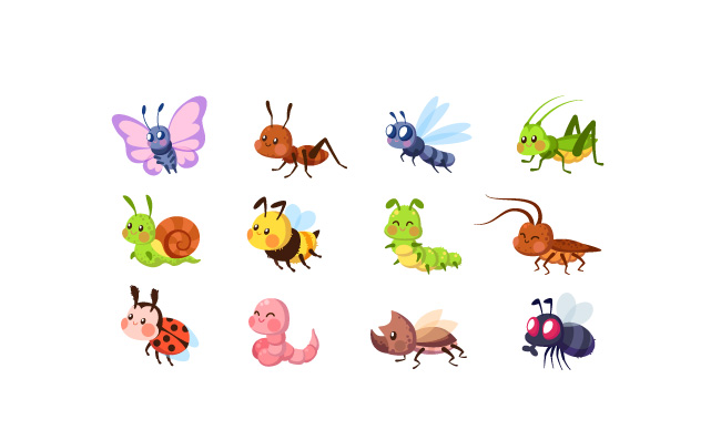 可爱的昆虫臭虫生物蜜蜂和瓢虫蠕虫蜗牛和蝴蝶毛毛虫螳螂蜻蜓和飞可爱的卡通矢量野生动物集