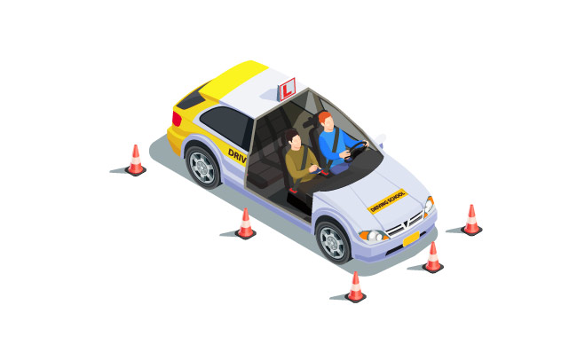 与辅导员和学习者的图象的驾驶学校等量构成安全锥体围拢的汽车的导航例证教练车等距组成