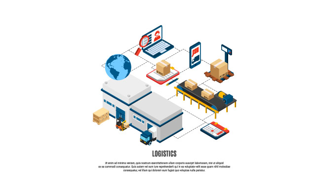 与货运车和修造3d等量传染媒介例证的仓库的网上送货业务后勤等量流程图物流等距流程图