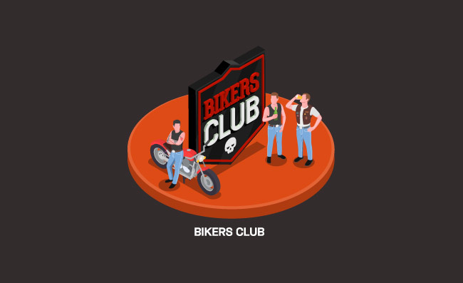 与骑自行车的人的等距2x2设计概念他们的属性和俱乐部会徽孤立在彩色背景3d矢量图2