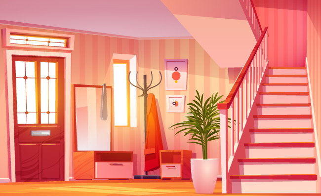 暖色系卡通家庭客厅大厅内部插图矢量
