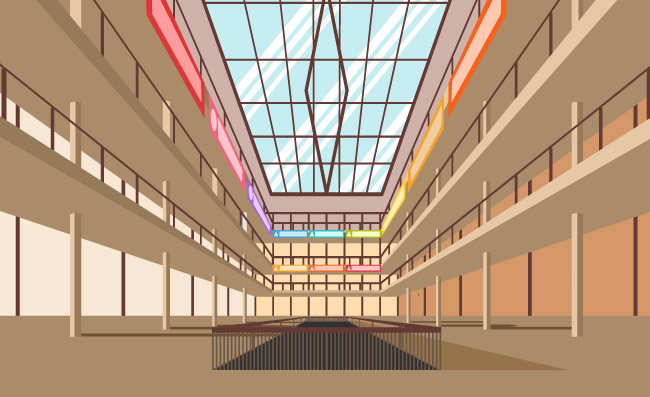 商场内部刚完工的建筑内部装饰背景图
