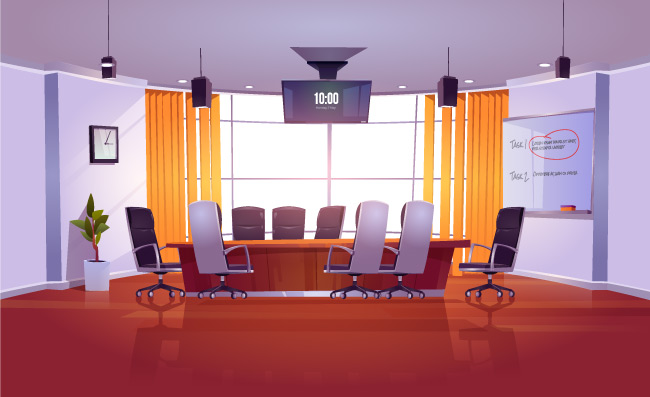 商务会议团队演示讨论或培训的会议室公司办公室矢量卡通内部配有桌子椅子屏幕的会议室
