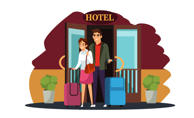 游客酒店入住提着手提箱行李箱卡通带着行李到达和离开的男人和女人