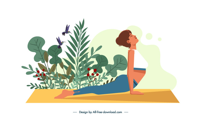 瑜伽伸展女性彩色卡通插图