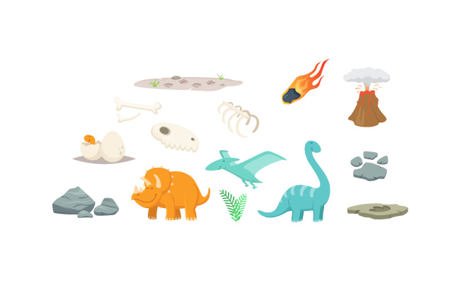 恐龙石头和史前时期的其他不同符号恐龙和陨石史前动物向量例证