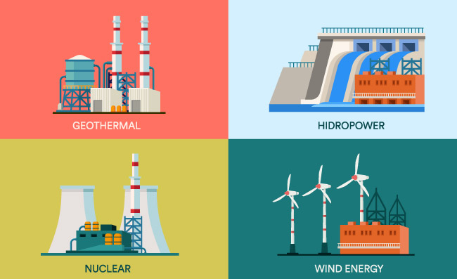 再生资源能源地热核能水力发电和风力发电厂平面插图集环保可再生能源元