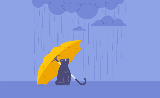 在黄色雨伞下躲雨的猫咪矢量插画