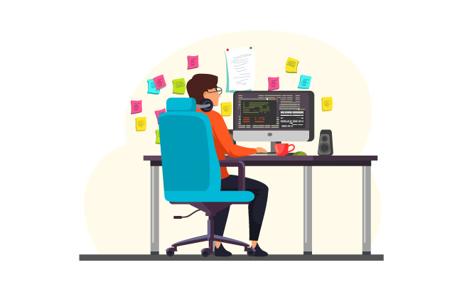 在办公室工作的男性程序员提醒贴纸便利贴软件界面编码和编程系统管理员