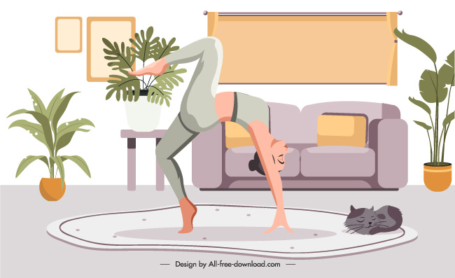 在家做瑜伽练习平衡的女孩卡通室内插图