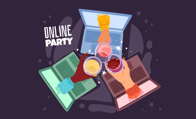 在线远程通信笔记本电脑生日聚会互联网会议饮酒碰酒杯的女性双手矢量社交媒体卡通在线饮酒图片
