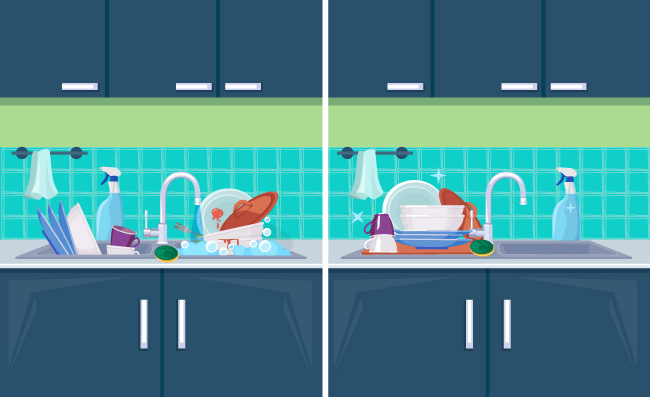 脏乱的洗碗池带有厨具的水槽清洗清洁矢量卡通背景未清洗的厨具洗涤清洁干净的厨房卡通图片