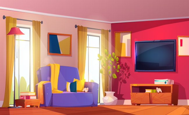 温馨的居家客厅内部沙发电视和游戏控制台