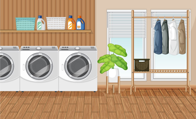 洗衣机和衣架的洗衣房场景