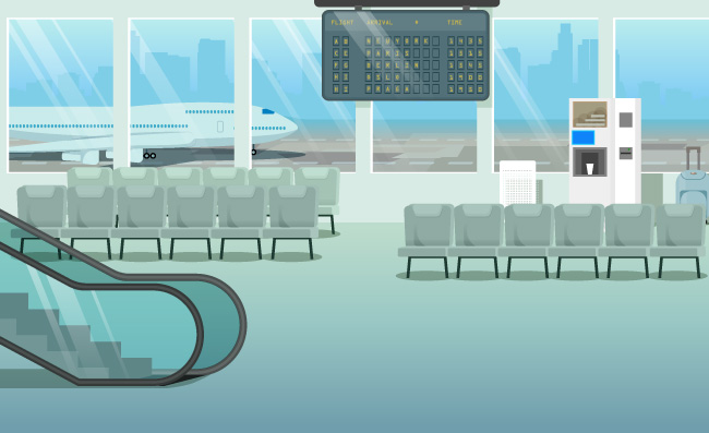 现代城市机场空荡荡的大厅候机室卡通矢量椅子自动扶梯咖啡机航班时刻显示屏插图