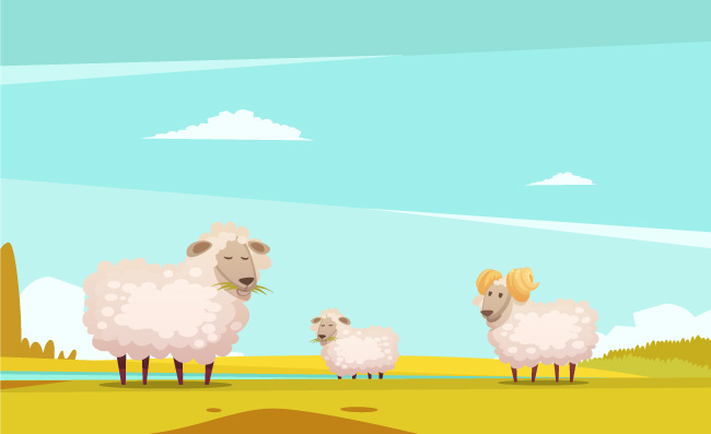 农田绵羊吃草的绵羊饲养农场牧场可爱的卡通公羊羔羊矢量动物
