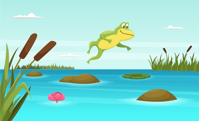 青蛙跳在池塘里矢量卡通背景蟾蜍两栖动物的例证青蛙跳在池塘里矢量卡通背景