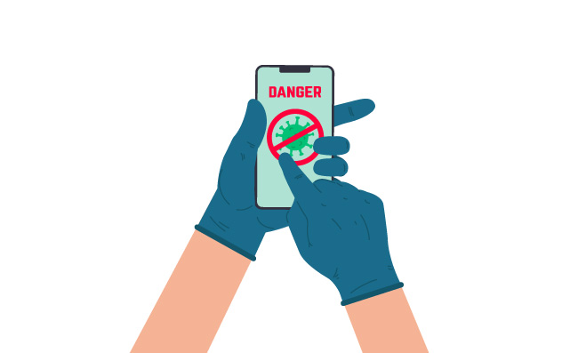 智能手机医疗手套病毒防御智能手机屏幕上的病毒威胁警报矢量