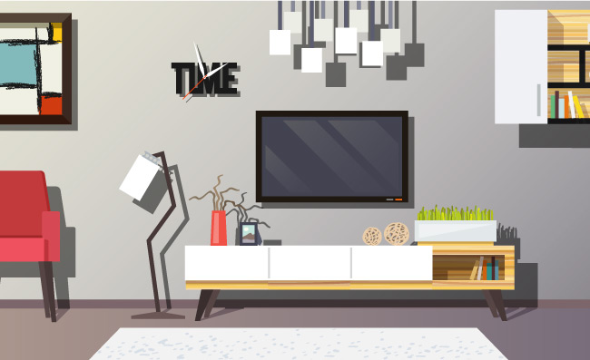 与现代家具的客厅内部概念设置了平的传染媒介例证客厅概念