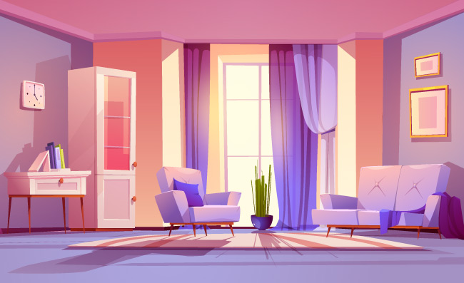 紫色家具和窗帘的客厅室内场景图