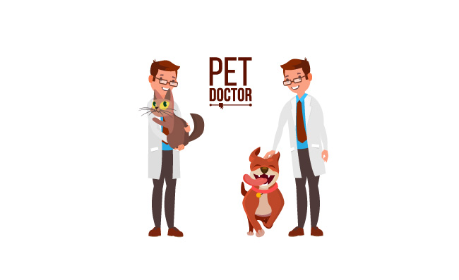 兽医男性矢量狗和猫医药医院宠物医生卫生保健诊所的概念孤立的平面卡通插图