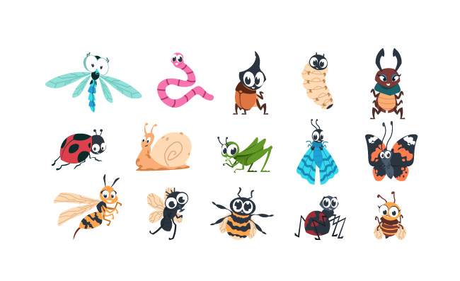 有趣的错误卡通可爱的昆虫与面孔毛毛虫蝴蝶大黄蜂蜘蛛幼虫多彩的人物传染媒介设计与眼睛的例证微笑的生物学习的孩子的矢量图