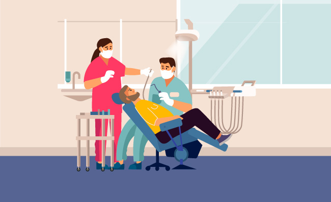 诊所治疗牙齿牙医检查卡通病人躺在椅子上患者牙齿治疗医生办公室矢量图