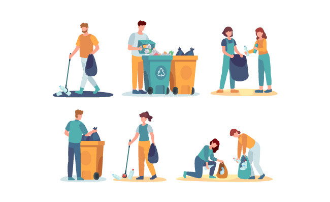 志愿者清理垃圾环境垃圾废物收集者矢量集人们收集垃圾清洁环境矢量素材